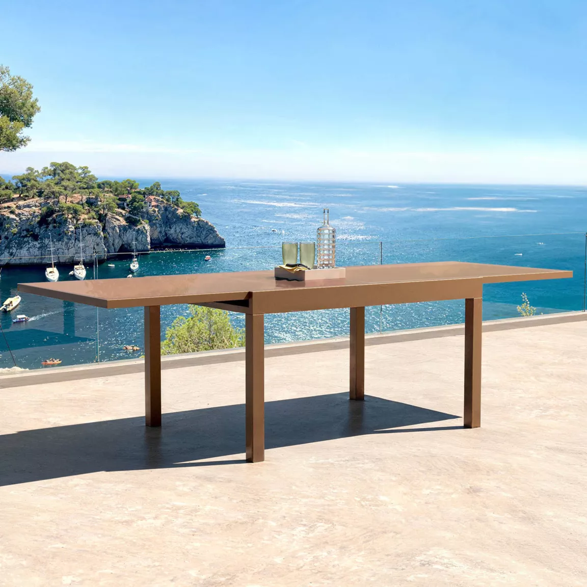Table de jardin extensible en verre 12 places (200/320 x 100 cm) Murano Bronze