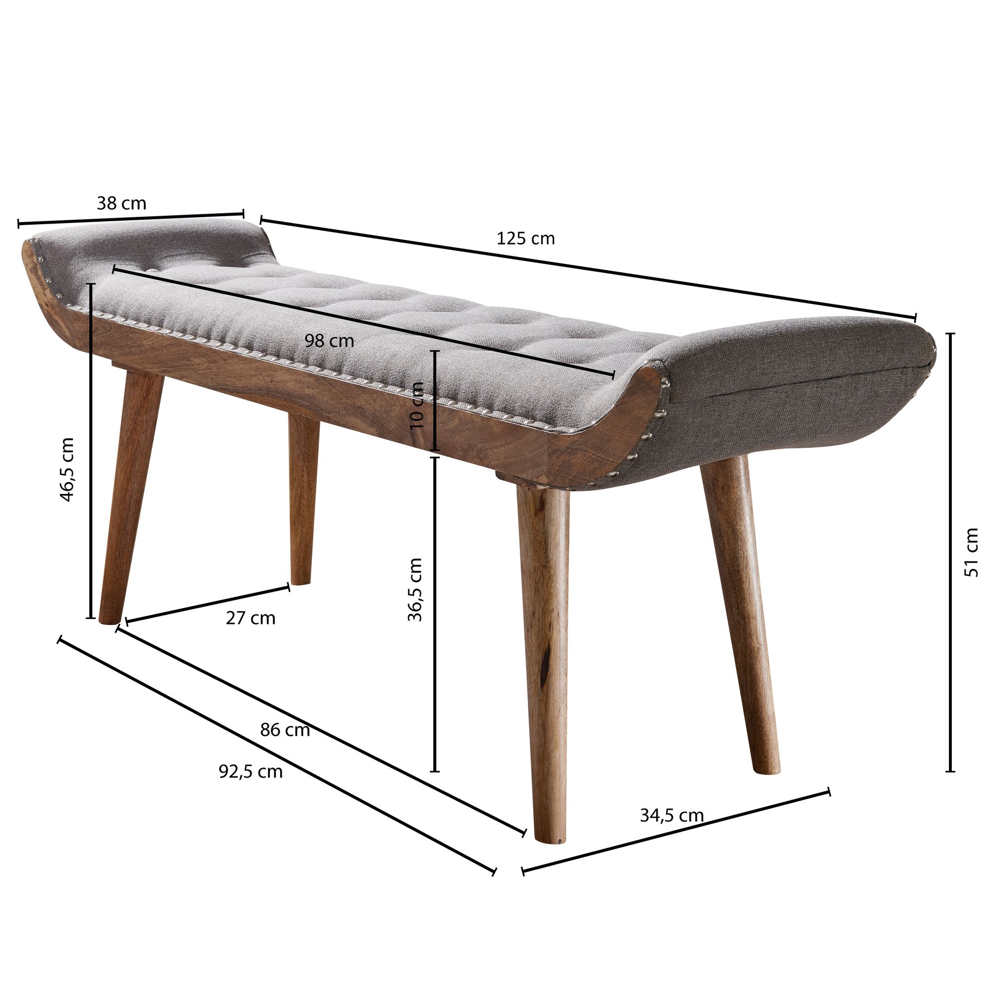 FineBuy Sitzbank Stoff / Holz Polsterbank 125x51x38 cm Grau Bettbank Flurbank