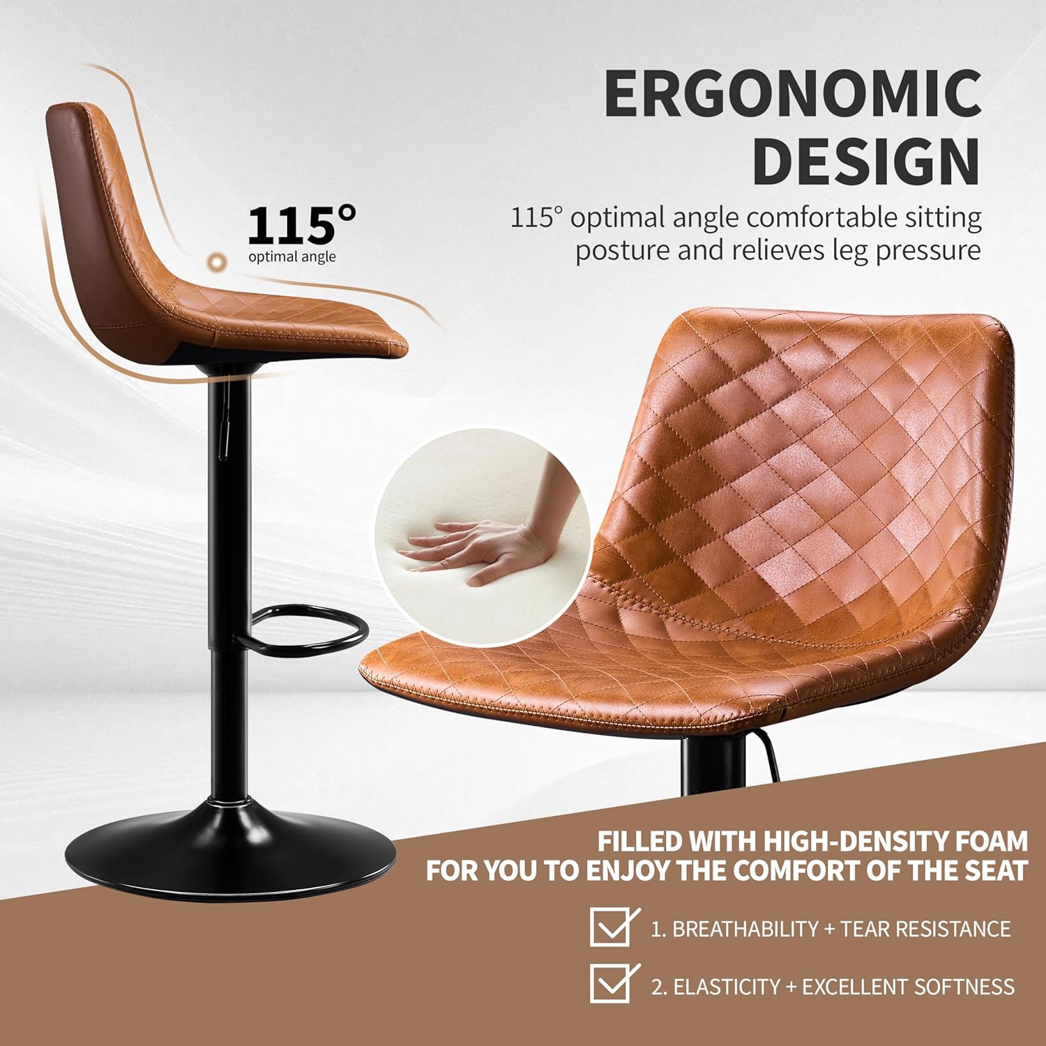 Barhocker 2er Set Höhenverstellbar Barstuhl mit Mikrofaser-Leder, Küchenhocker mit Lehne, Barhocker 360° Drehbar, Tresenhocker 150kg Belastbar für Küche, Esszimmer, Lobby-Braun