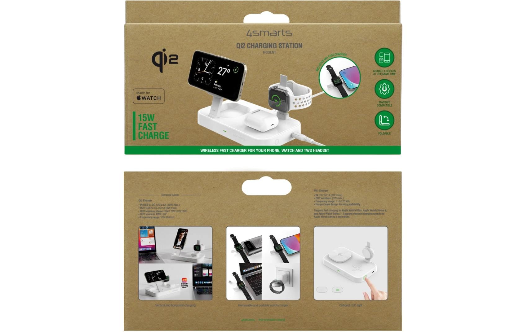 Wireless Charger Qi2 Weiss3-in-1 MagSafe-Ladestation mit inkludiertem Ladegerät und Apple Watch Charger