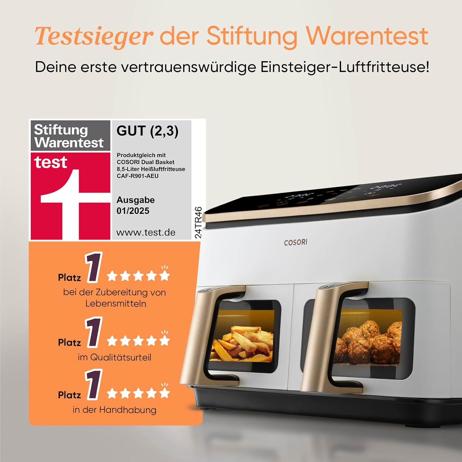 COSORI Heißluftfritteuse 2 Kammern, Testsieger der Stiftung Warentest, 8,5 L 6-in-1 Airfryer mit Sichtfenster, Schwarz-weiß