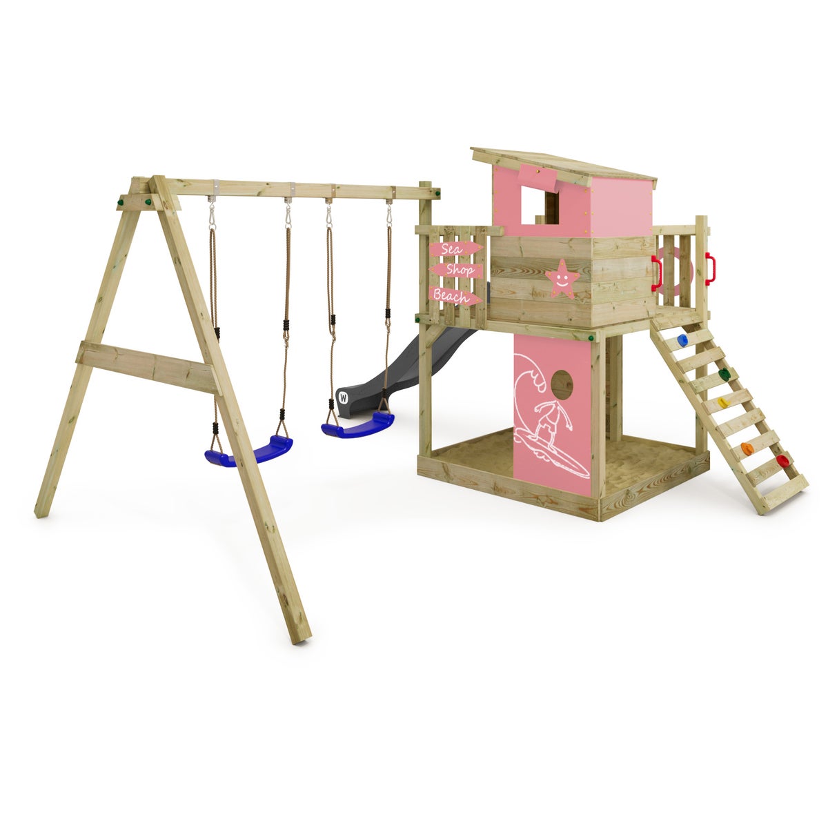 WICKEY Smart Camp speeltoren klimtoestel met schommel en glijbaan, boomhut met zandbak, klimladder en speelaccessoires – antraciet