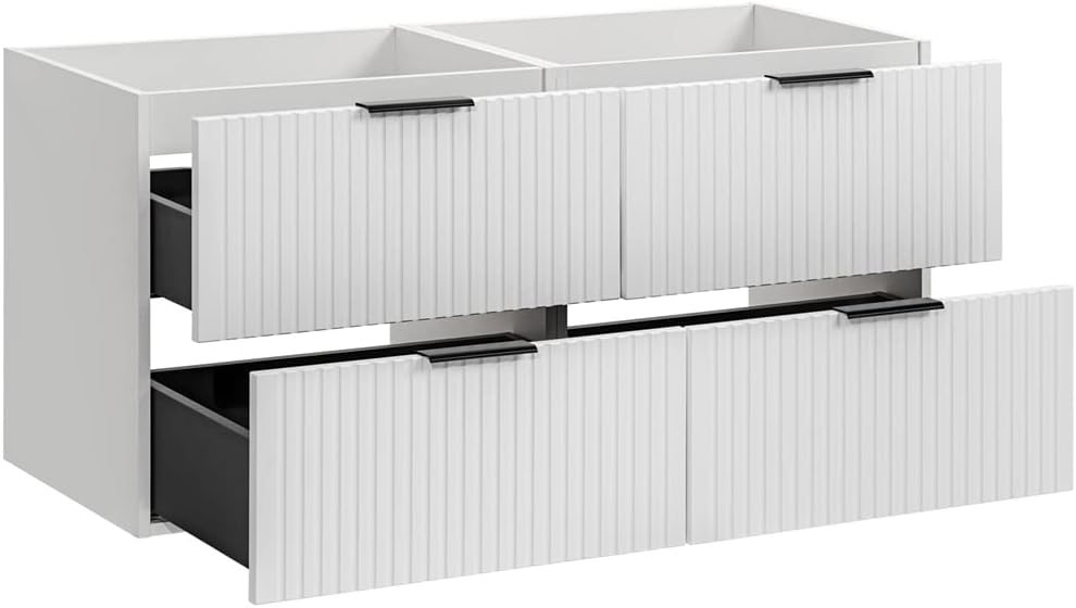 Lomadox Badmöbel Waschtisch-Unterschrank 120 cm weiß matt mit gerilllter Front, Wotaneiche, Waschbecken Badschrank mit 4 Softclose-Auszügen, B/H/T 120,6/59,2/46,5 cm