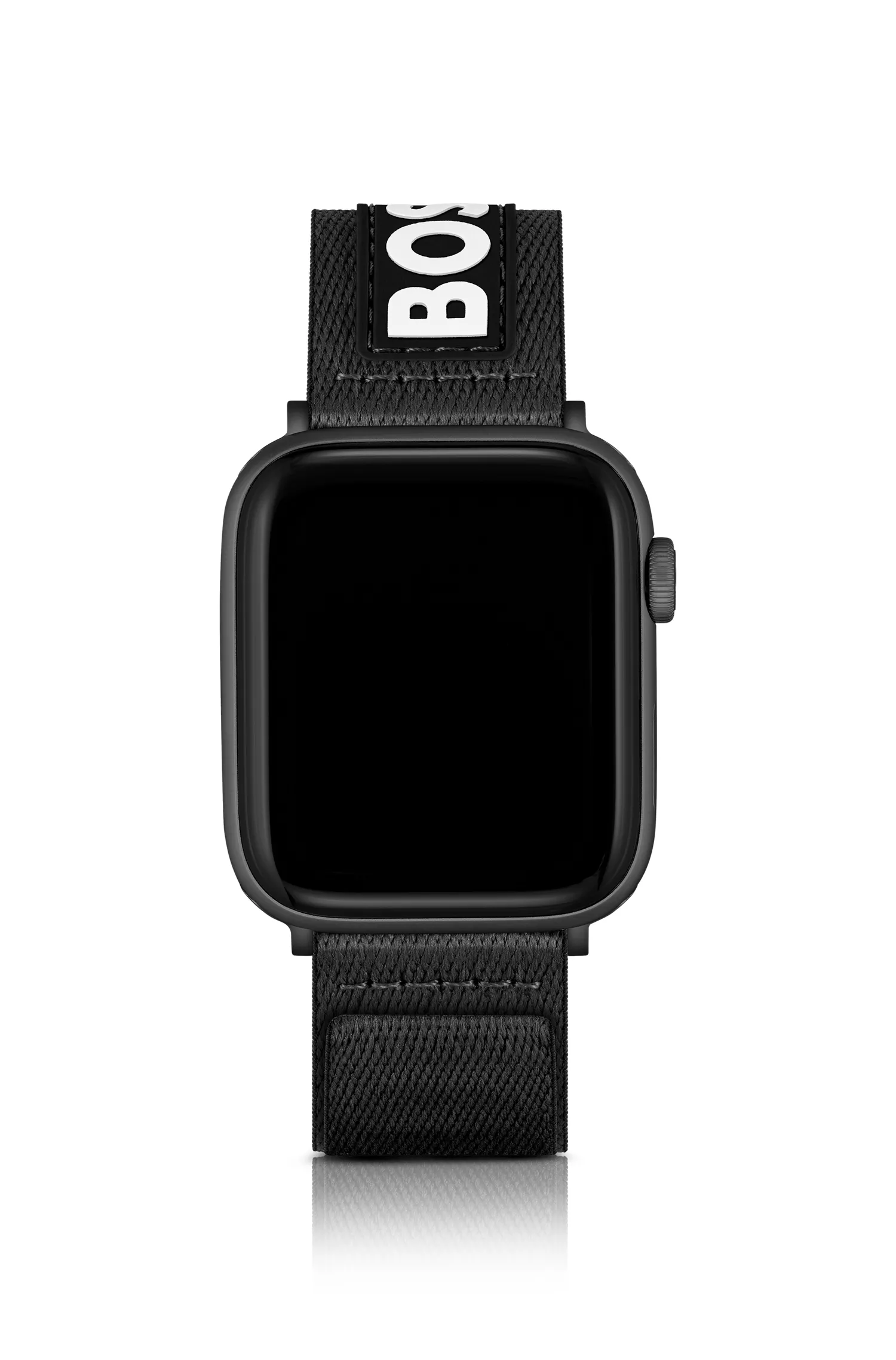 Pulseira BOSS laranja e preta em tecido para Apple Watch com logotipo contrastante