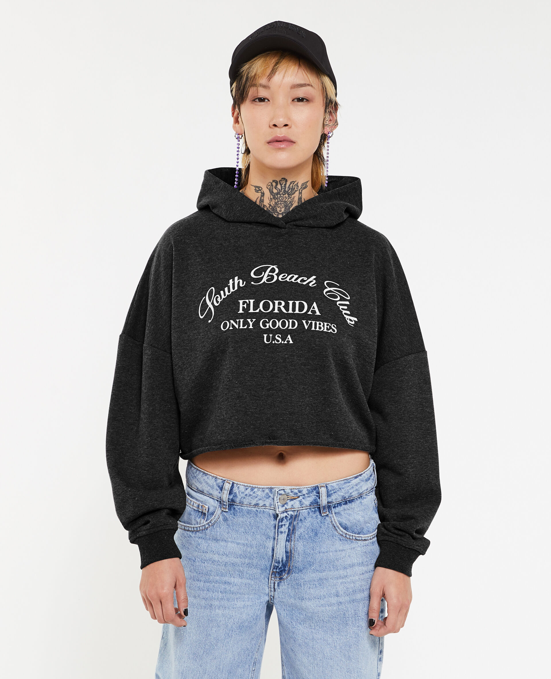 Sweat cropped avec capuche - Gris foncé