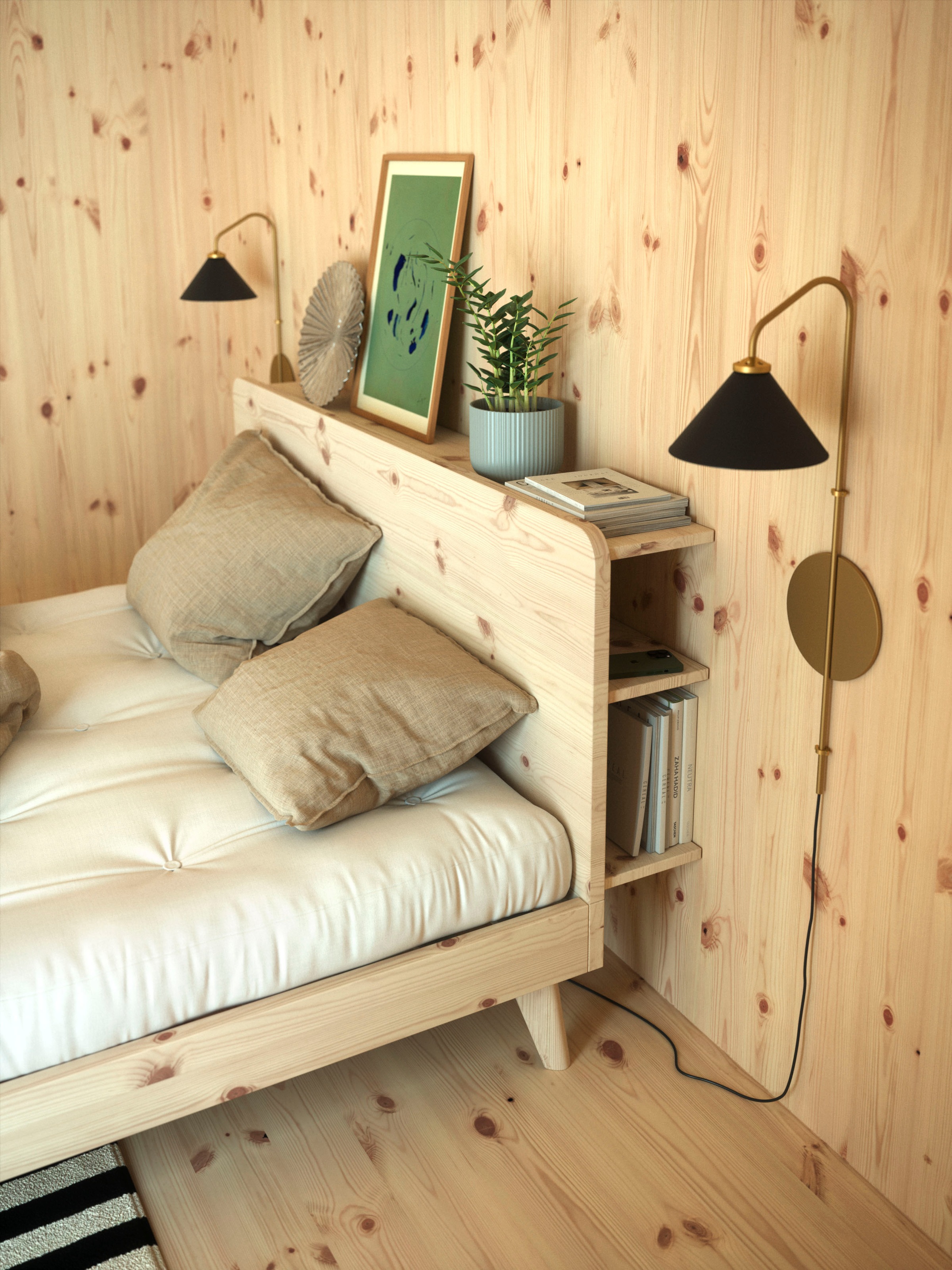 Karup Design Bettgestell »RETREAT BED« aus Kiefer massiv mit Lattenrost, Kopfteil mit 3 Ablagen