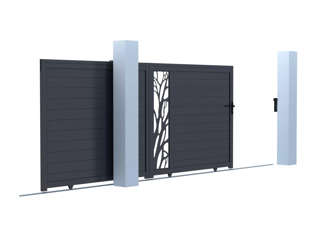 Portail coulissant aluminium semi ajouré à motifs L350 x H187 cm anthracite LABRIT II