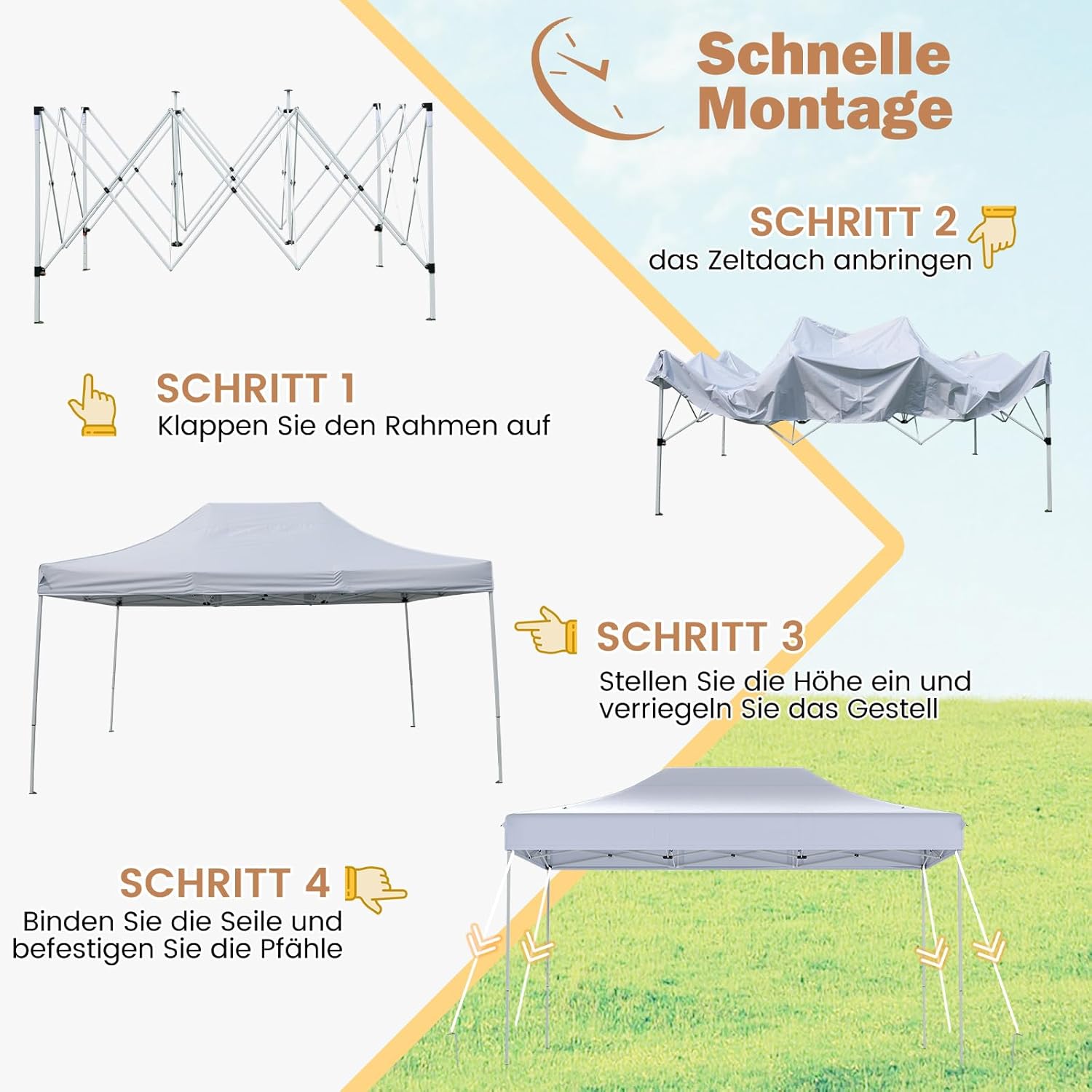 COSTWAY 3x4,5 m Faltpavillon, Pop Up Pavillon Höhenverstellbar mit Rollentasche, 4 Seilen, 8 Heringen, Wasserdicht Gartenpavillon Gartenzelt Partyzelt für Party Hochzeit (Weiß)