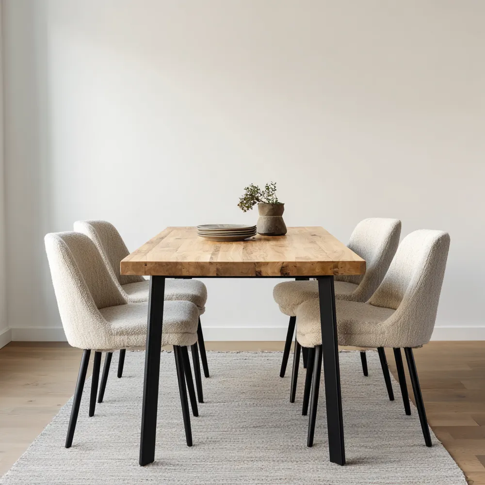 Esszimmer-Set Massivholz 150x90x75 cm 4 Stühle - Eiche/Schwarz/Creme - Modernes Design