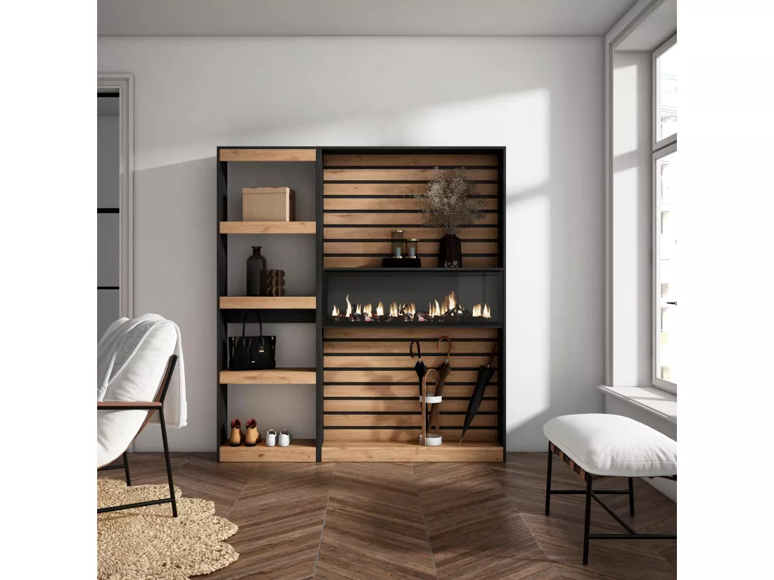 Étagère Bibliothèque, 170x186x25cm, Salon Salle à manger Bureau, Cheminée électrique, Chêne et noir