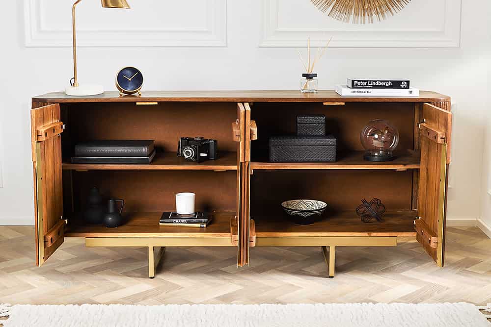 Design Sideboard GATSBY 160cm braun mattgold Mangoholz Retro