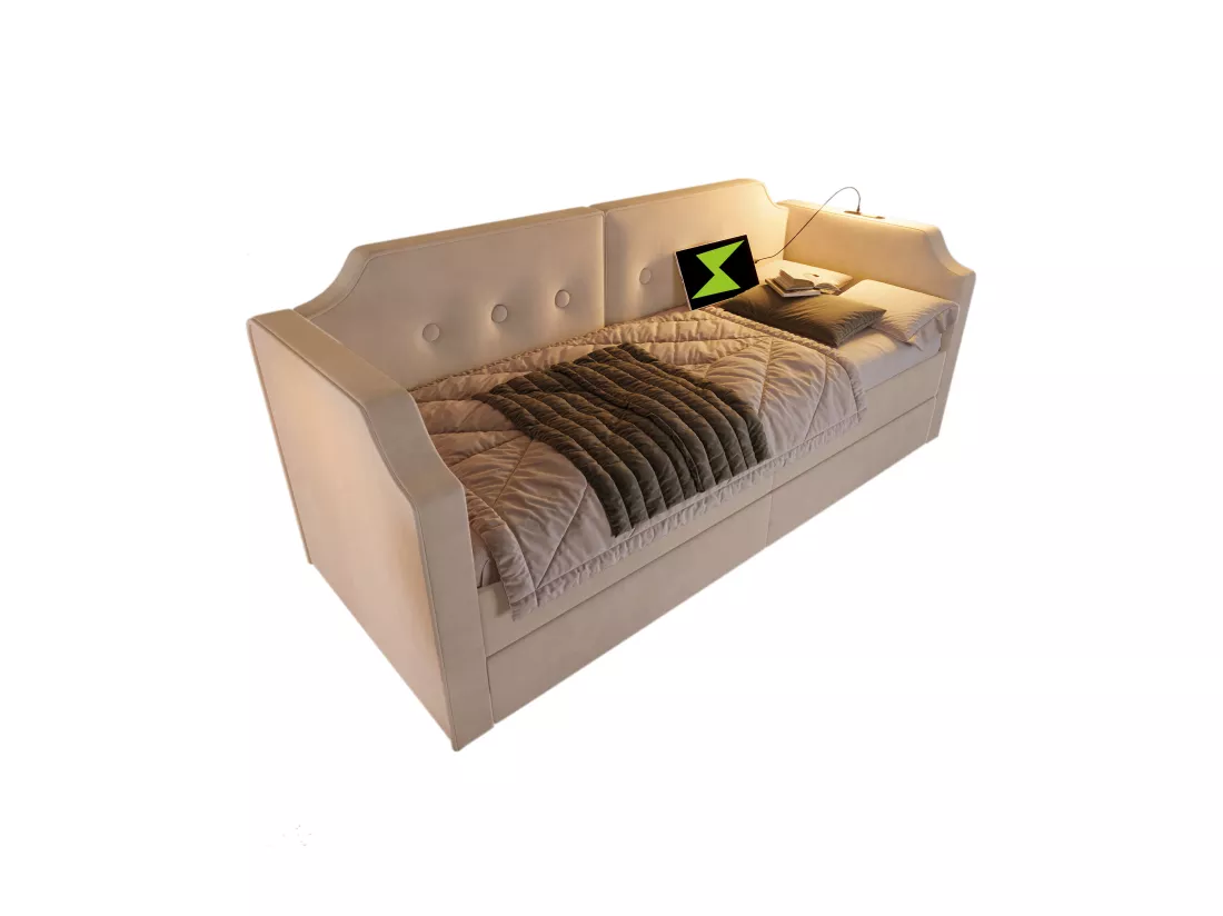 Lit capitonné 90 x 200 cm avec 2 tiroirs, canapé-lit avec 2 tiroirs, lampe de lecture et prise USB Type-C - Velours - Beige (sans matelas)