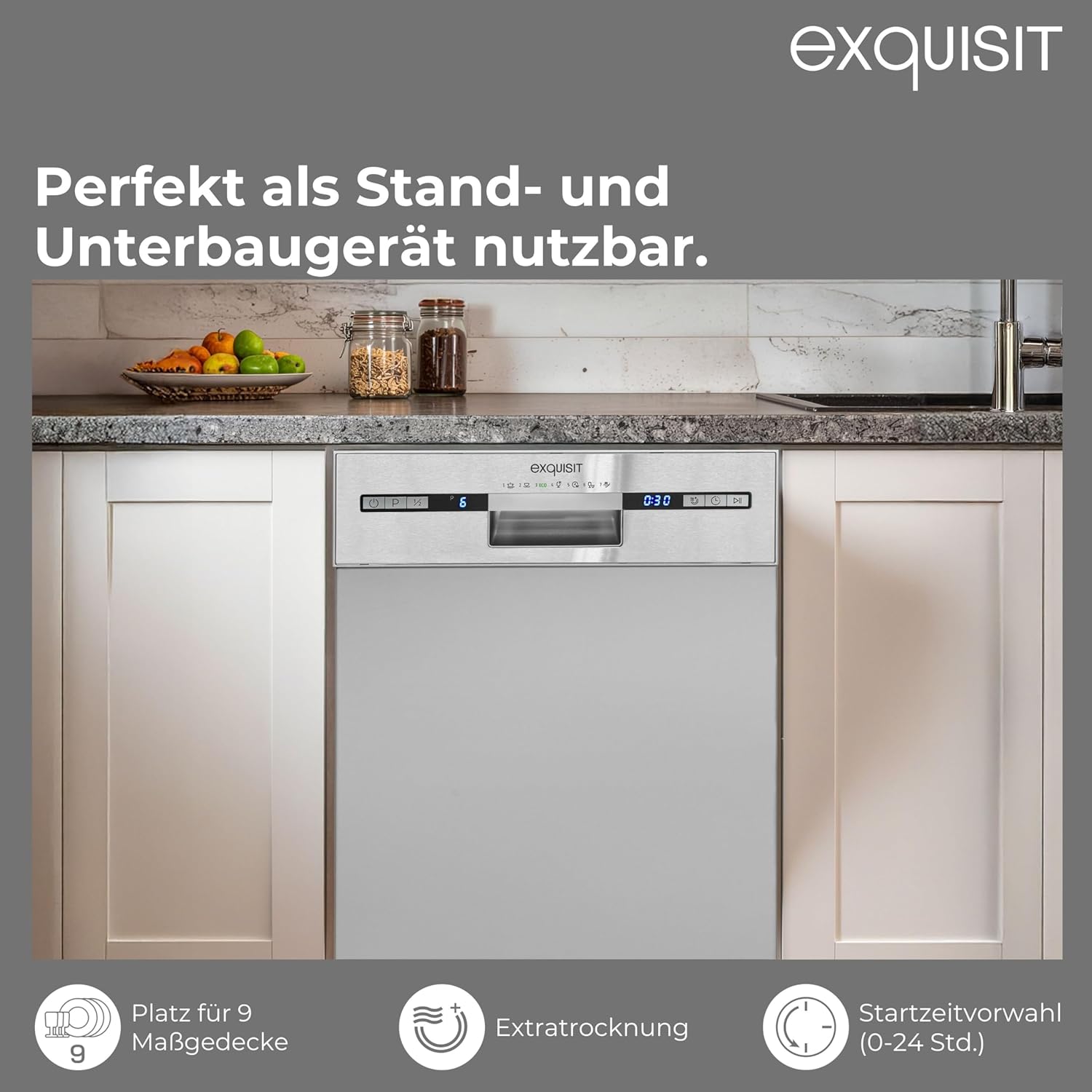 Exquisit PLUS Geschirrspüler | 9 Maßgedecke, Energieeffizienzklasse E, 49 dB(A) | schmal, kompakt, 7 Programme, Eco, Intensiv, Kurz, Extra-Trocknung, Startzeitverzögerung | GSP59309-030E silber