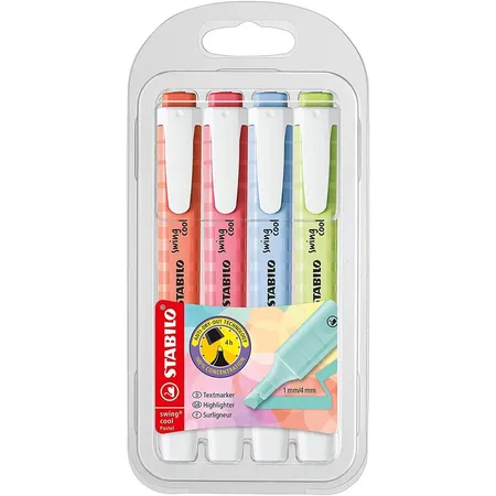 Textmarker - STABILO swing cool Pastel - 4er Pack - Prise von Limette, Kirschblütenrosa, Wolkenblau, Korallrot