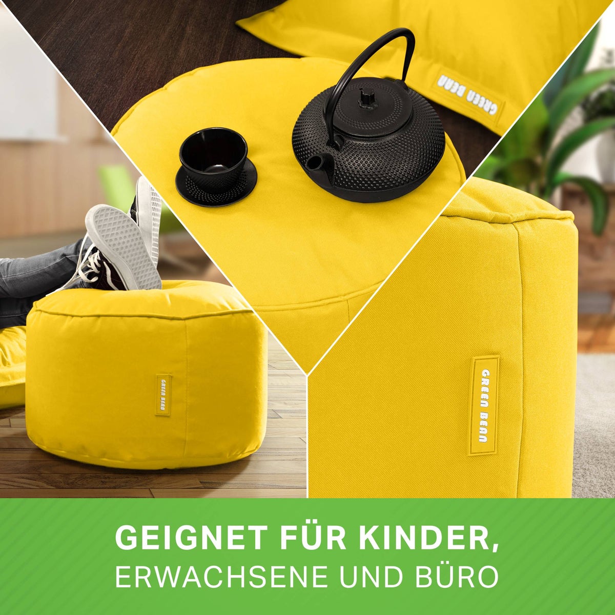 Groene Bonen Zitzak Kruk 45x25cm met EPS-korrelvulling - Voetenbank Voetkussen Zitpoef voor Zitzakken - Vloerkussen voor Kinderen en Volwassenen - Voetsteun Zitkussen Zitkruk Geel