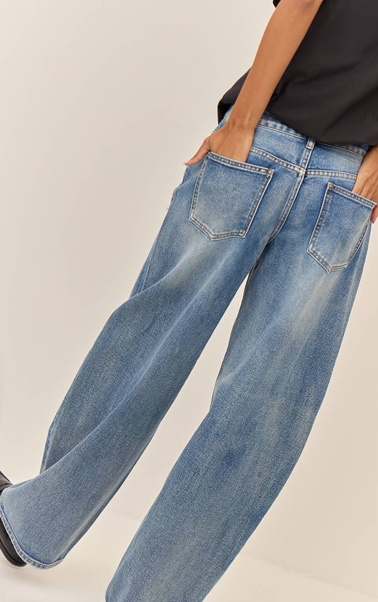 Mid Blue Wash Jean Barrel Taille Basse Bleu Moyen