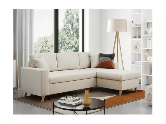 Canapé d'angle 3 places Maria scandinave réversible convertible avec coffre en velours côtelé - Beige - L227 x P148 x H95cm - Loungitude