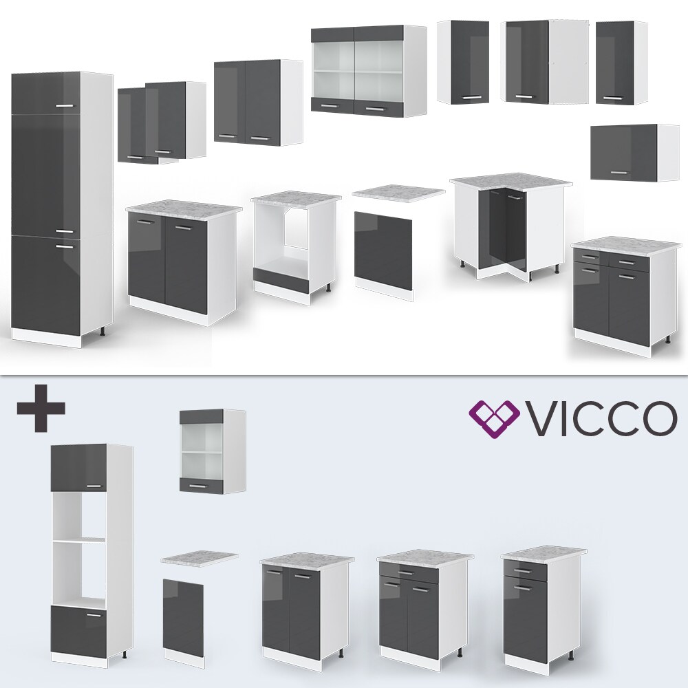 VICCO KÜCHENZEILE R-LINE ECKKÜCHE WINKEL KÜCHE EINBAUKÜCHE ANTHRAZIT HOCHGLANZ