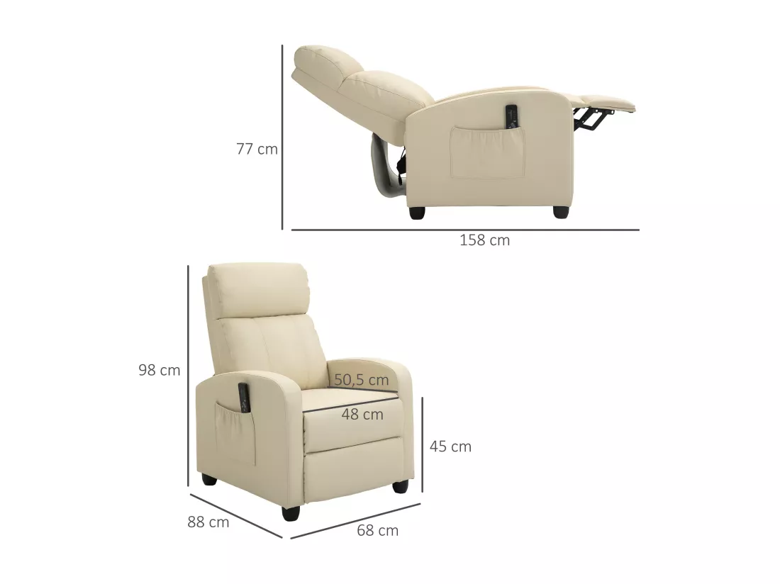 Fauteuil de relaxation et massage inclinaison dossier repose-pied réglable revêtement synthétique crème