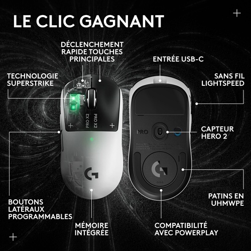 Souris Logitech gaming sans fil G PRO X2 SUPERSTRIKE Blanc et Noir