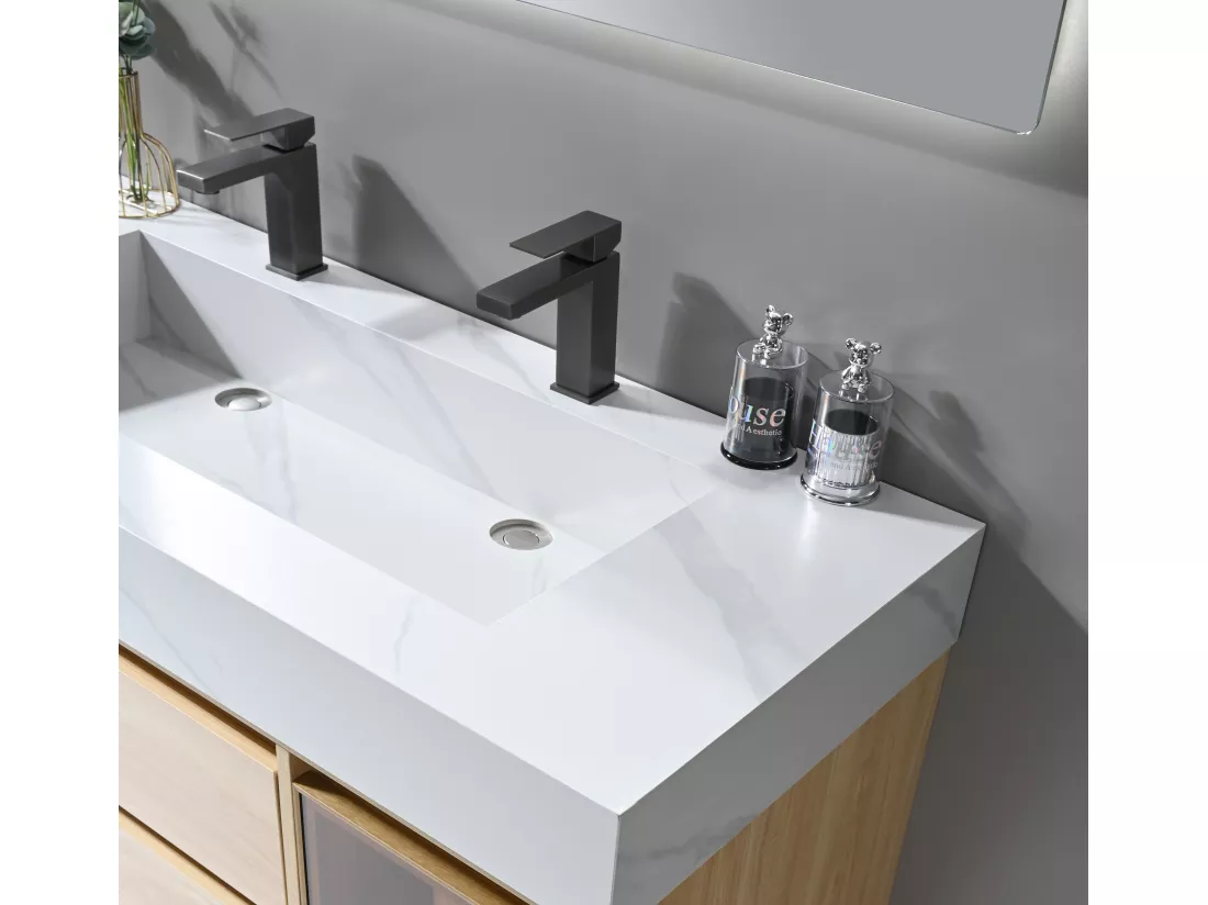 LuxuryBain- Meuble de salle de bain double vasque 120cm bois et blanc effet marbre avec miroir LED LB-8512