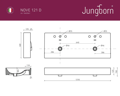 Jungborn dubbele wastafel NOVE 121 x 46 cm wit glanzend