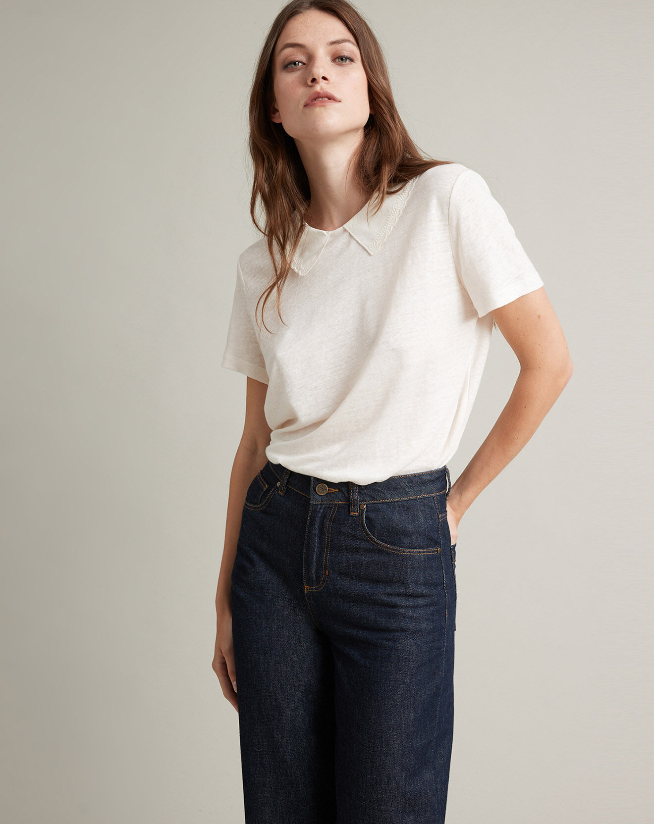 Cyrillus T-Shirt 100% Lin col claudine brodé blanc