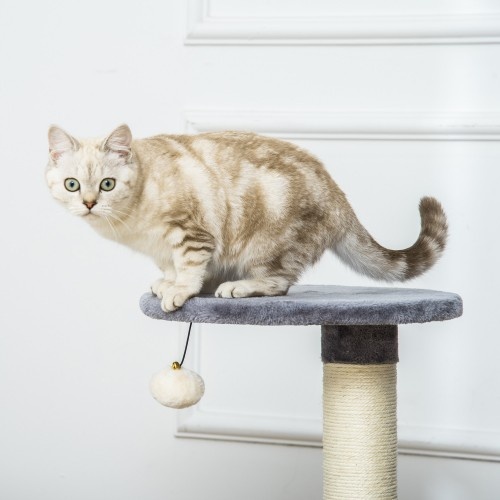 Arranhador PawHut com caverna, cinza, para gatos de pequeno porte.