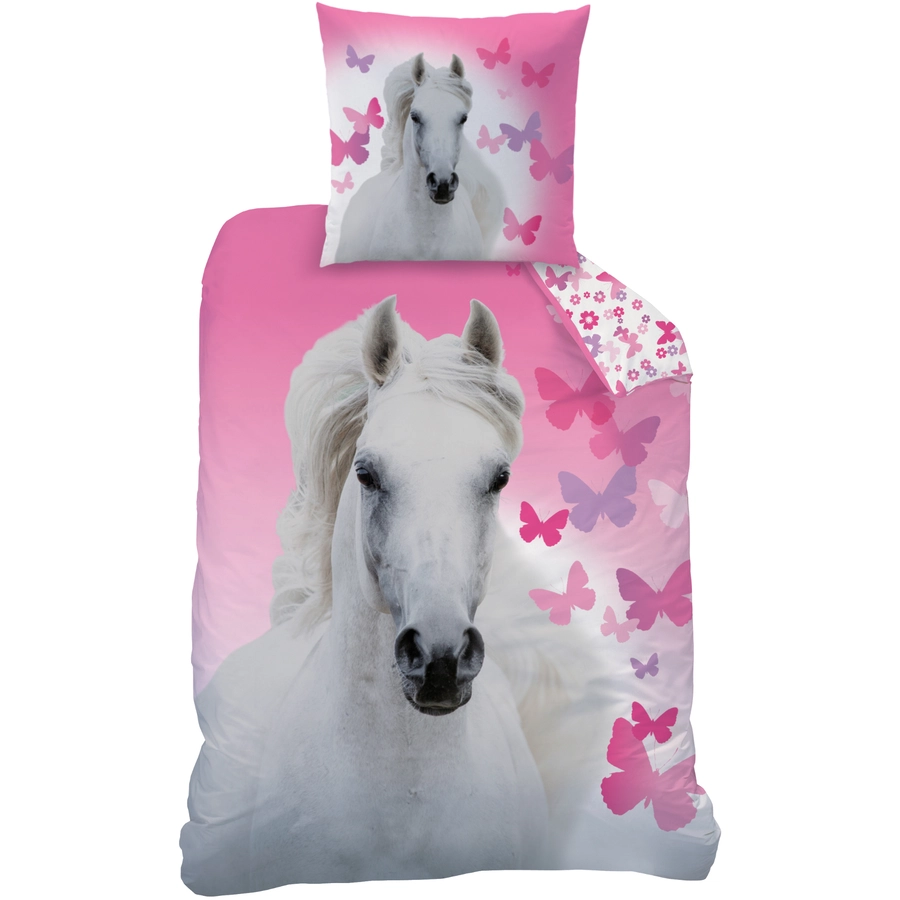 MTOnlinehandel Bettwäsche Pferde Kinder-Bettwäsche für Mädchen, Renforce, 80x80 + 135x200 Pferd & Schmetterling