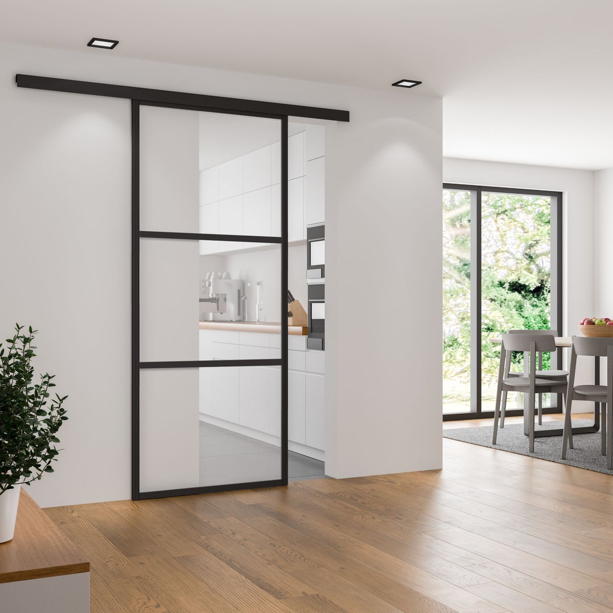 Schuifdeur van glas, met frame, zwart, helder glas, 1025x2200, nisdeur - softclose aan beide zijden