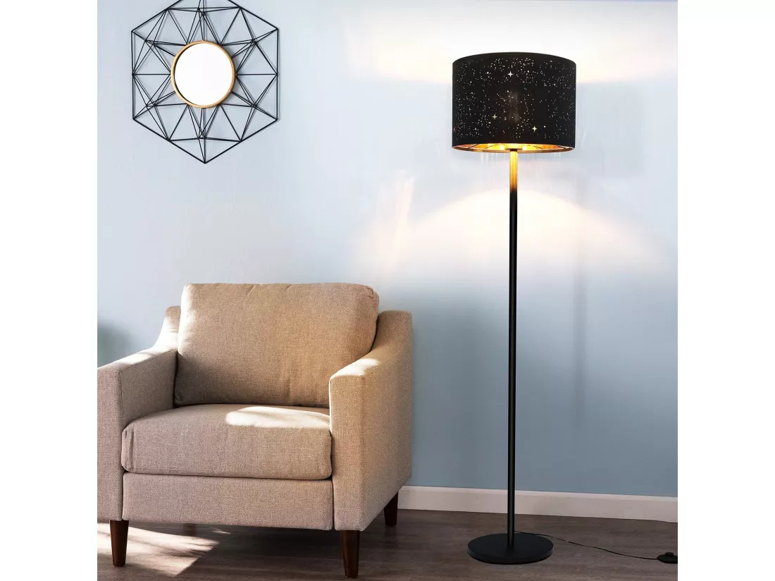NETTLIFE Lampadaire Moderne Salon Lampadaire - Lampe sur pied en tissu avec douille E27 Max. 40W Noir Or Abat-jour Design Étoile 144cm Lampe sur pied