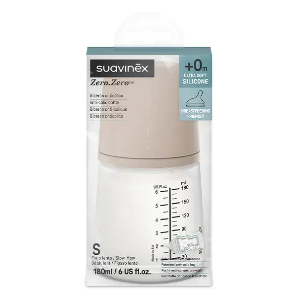 Suavinex, Zerø.Zerø, Biberon anti-colique - Débit Lent / S Medium - 180ml