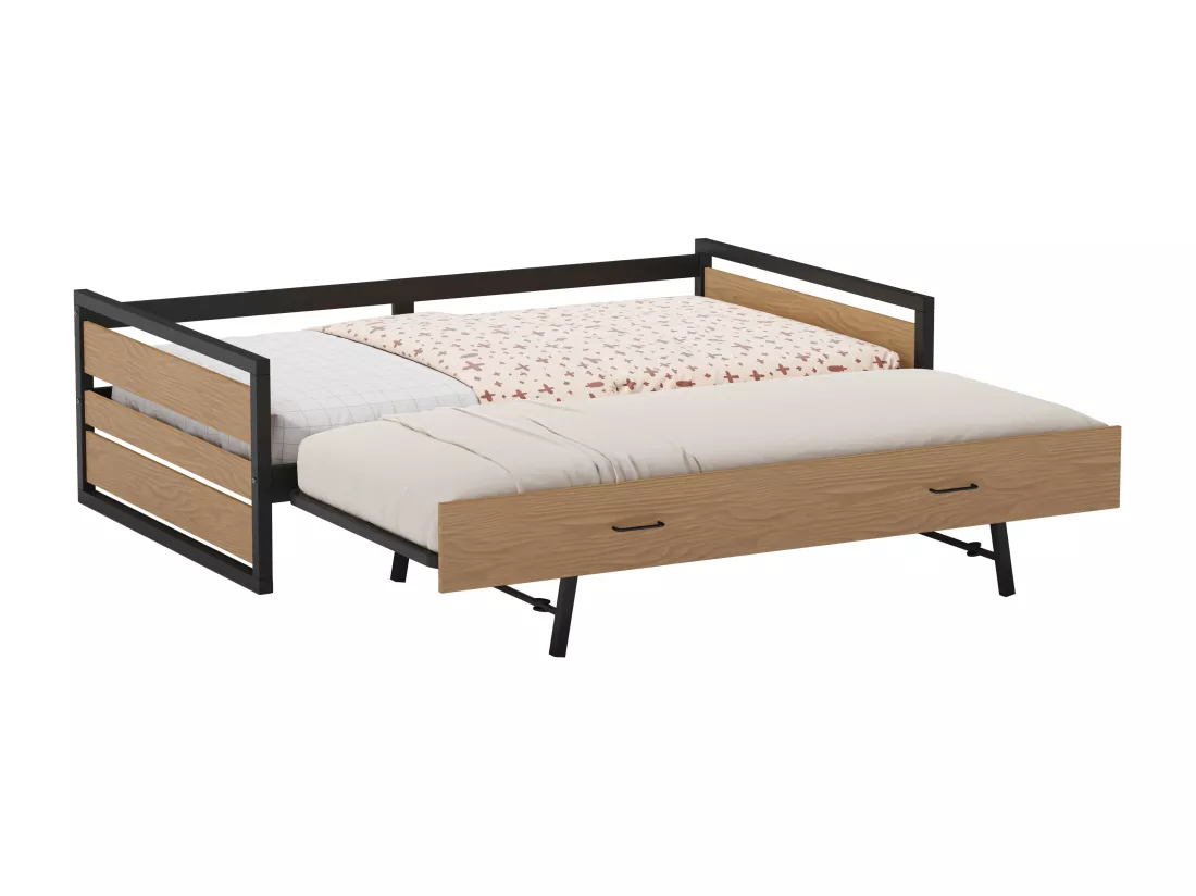 Lit gigogne 120 x 200 et 90 x 200 cm - MDF, Pin et métal - Naturel et anthracite + Matelas - BOSTON