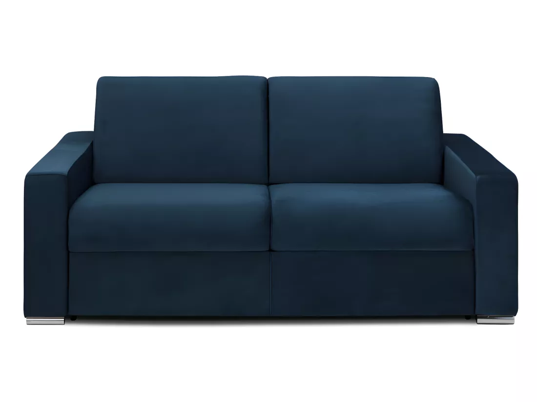 Canapé 3 places convertible express en velours bleu nuit - Couchage 140 cm - Matelas 18 cm avec mémoire de forme CALITO
