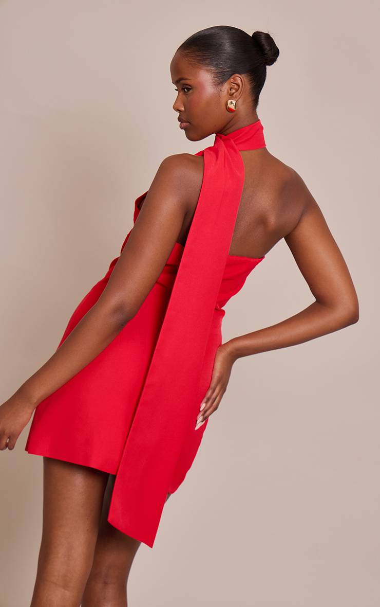 Rouge Robe Courte Asymétrique Tissée Avec Détail Foulard