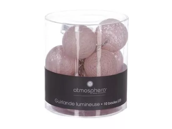 Guirlande 10 boules LED - 165 x D 6 cm - Rose pâle
