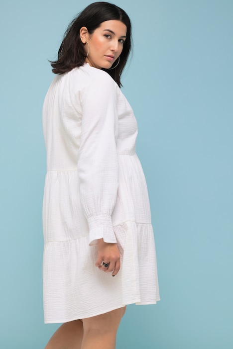 Musselin-Minikleid, A-Line, Rüschen-Ausschnitt, Langarm