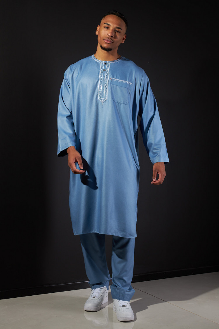 Ensemble 2 pièces qamis + pantalon bleu clair