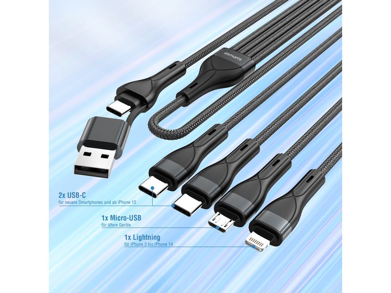 4smarts USB-C/A Multi-Ladekabel 4in2 1.2 m, Schwarz USB-C/A Multi-Ladekabel 4in2 1.2m, schwarz