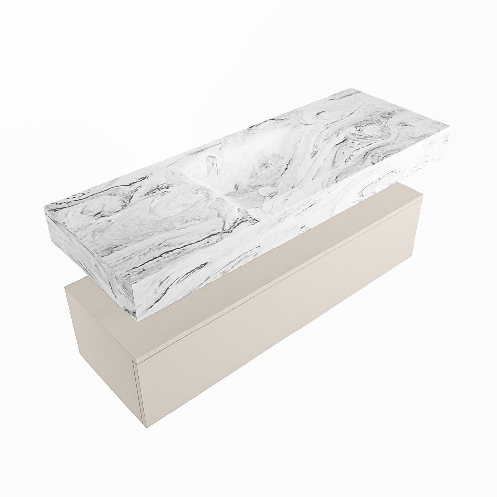Mondiaz Alan DLux badmeubel 130cm linen 1 lade met wastafel glace midden 1 kraangat