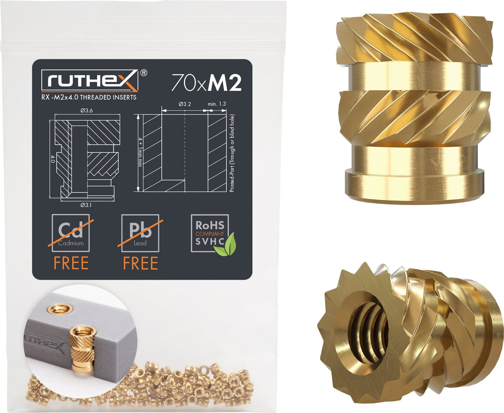 ruthex  Gewindeeinsatz M2 (70 Stück), M2x4    Hochwertige Gewindebuchsen aus Messing