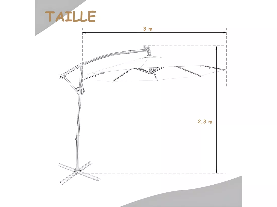 Parasol Déporté Exterieur Lumières LED Solaires 3M, Parasol de Marché à 8 Côtes en Aluminium, Réglages d'Inclinaison Rotation, Manivelle, Base Croisée, pour Jardin Terrasse Beige