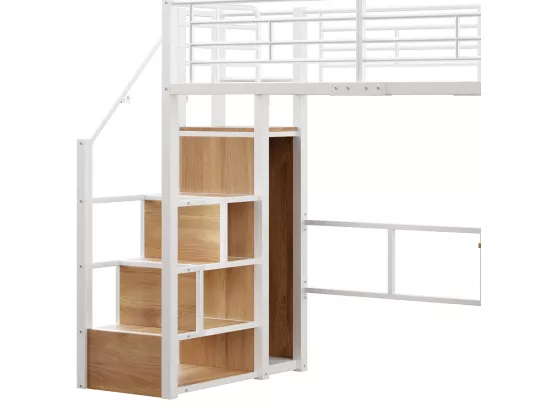 Lit mezzanine 90x200 éclairage d'ambiance télécommandé échelle de rangement bureau armoire étagères Blanc