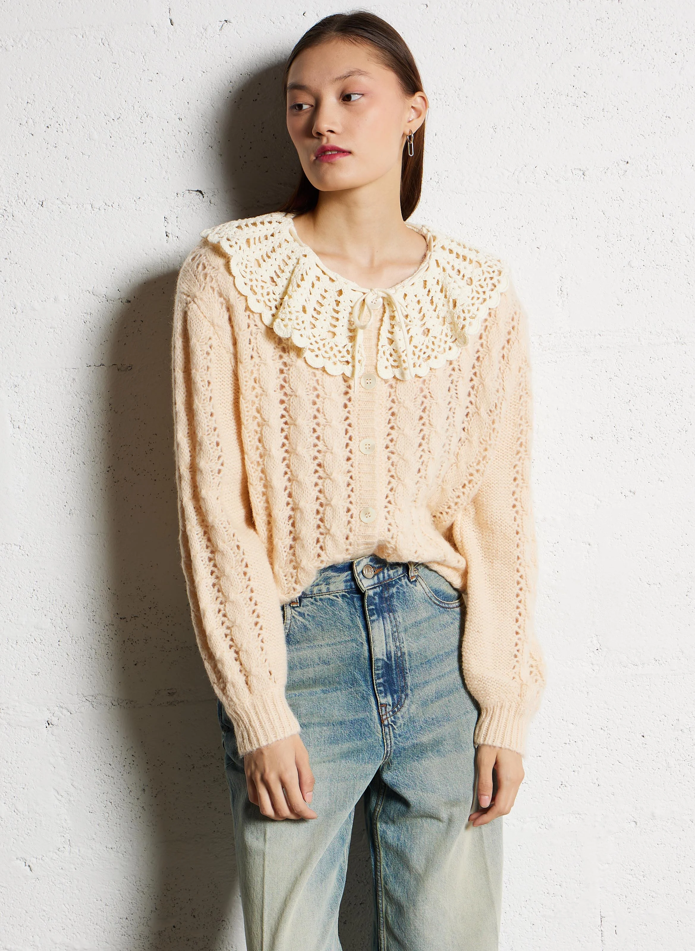ASCALIANE - Cardigan à col amovible en maille | Rose