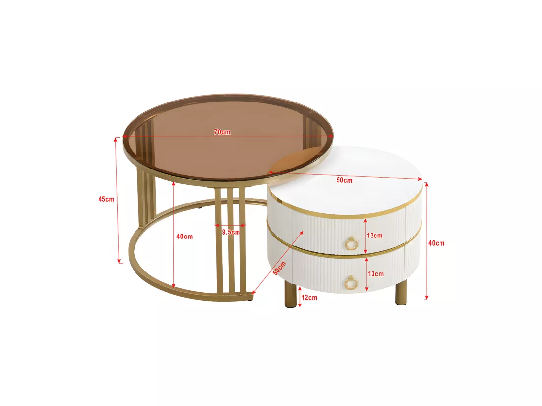 Lot de 2 tables basses gigognes avec 2 tiroirs - plateau en verre trempé Marron - Blanc