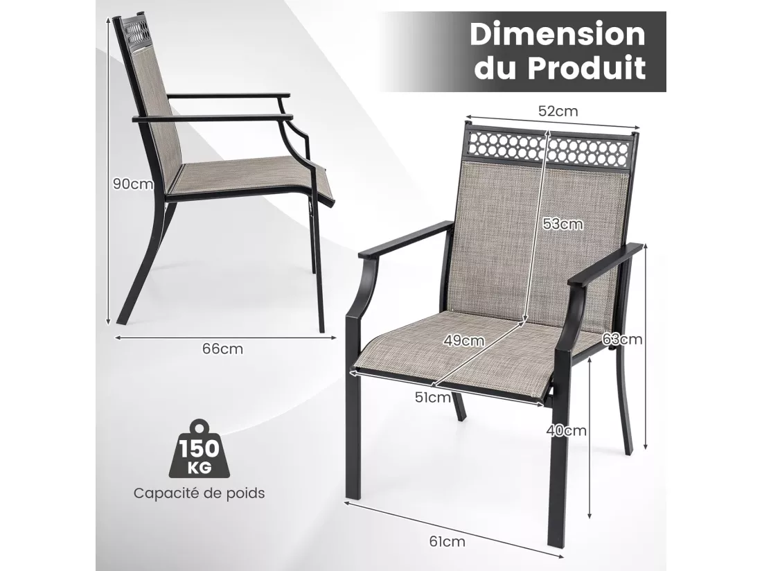 Lot de 2 Chaises de Jardin avec Cadre en Métal, Chaises à Dossier Haut en Teslin à Séchage Rapide, Fauteuil d'Extérieur pour Toutes Saisons, Charge 150 KG, pour Cour, Balcon, Piscine (Café)