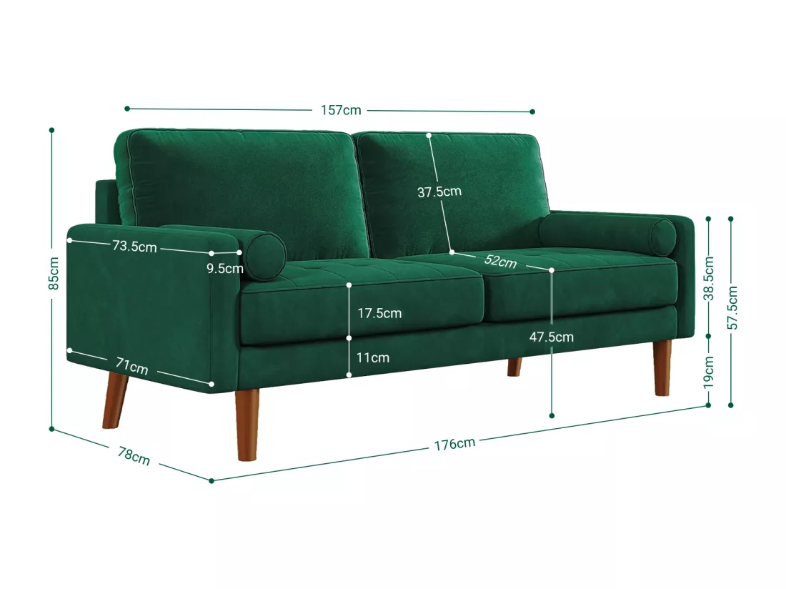 Canapé droit en Velours vert et bois massif - 3 places - charge max 300kg - 176x78x85cm