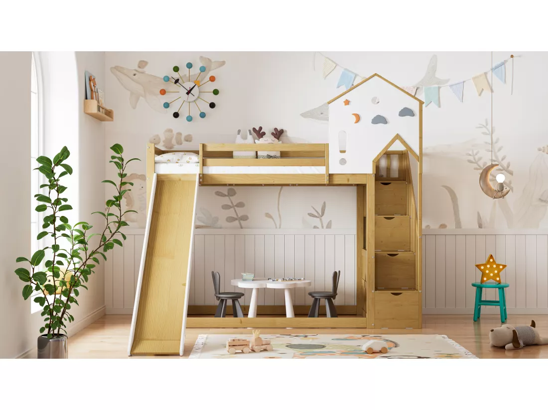 Lit superposé 2 x 90 x 200 cm avec 4 tiroirs, toboggan etétagères de rangement - pin + MDF - blanc+naturel (sans matelas)
