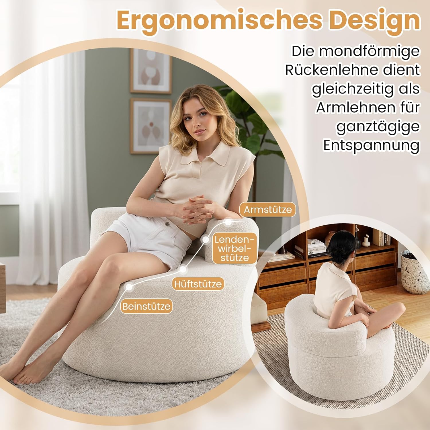 GOPLUS Einzelsofa rund, Sofa 82cm mit weichem Teddyfleece & geschwungener Rückenlehne, bequemer Einzelsessel mit abnehmbarem Bezug, Sofasessel für Wohnzimmer, Schlafzimmer, Projektionsraum (Beige)