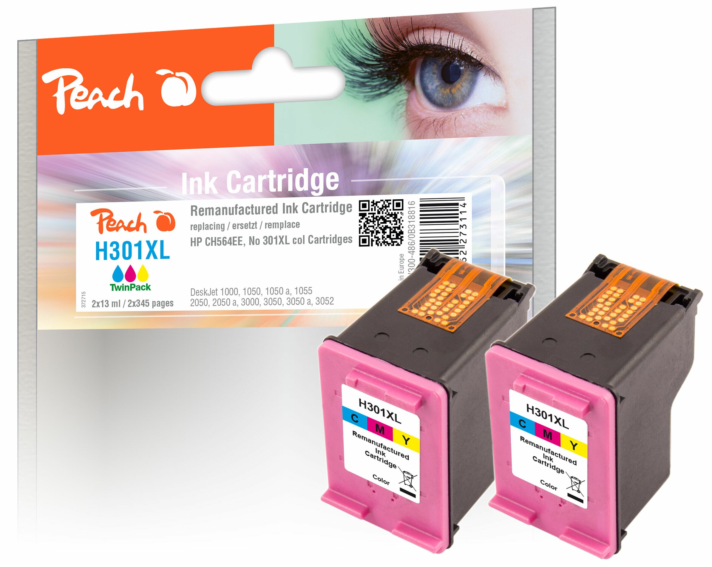 Peach HP 301 XLc 2 Druckköpfe XL 2*col ersetzt HP No. 301XL c*2, D8J46AE für z.B. HP DeskJet 1510, HP Envy 4500 e-All-in-One, HP DeskJet 1000 (wiederaufbereitet)